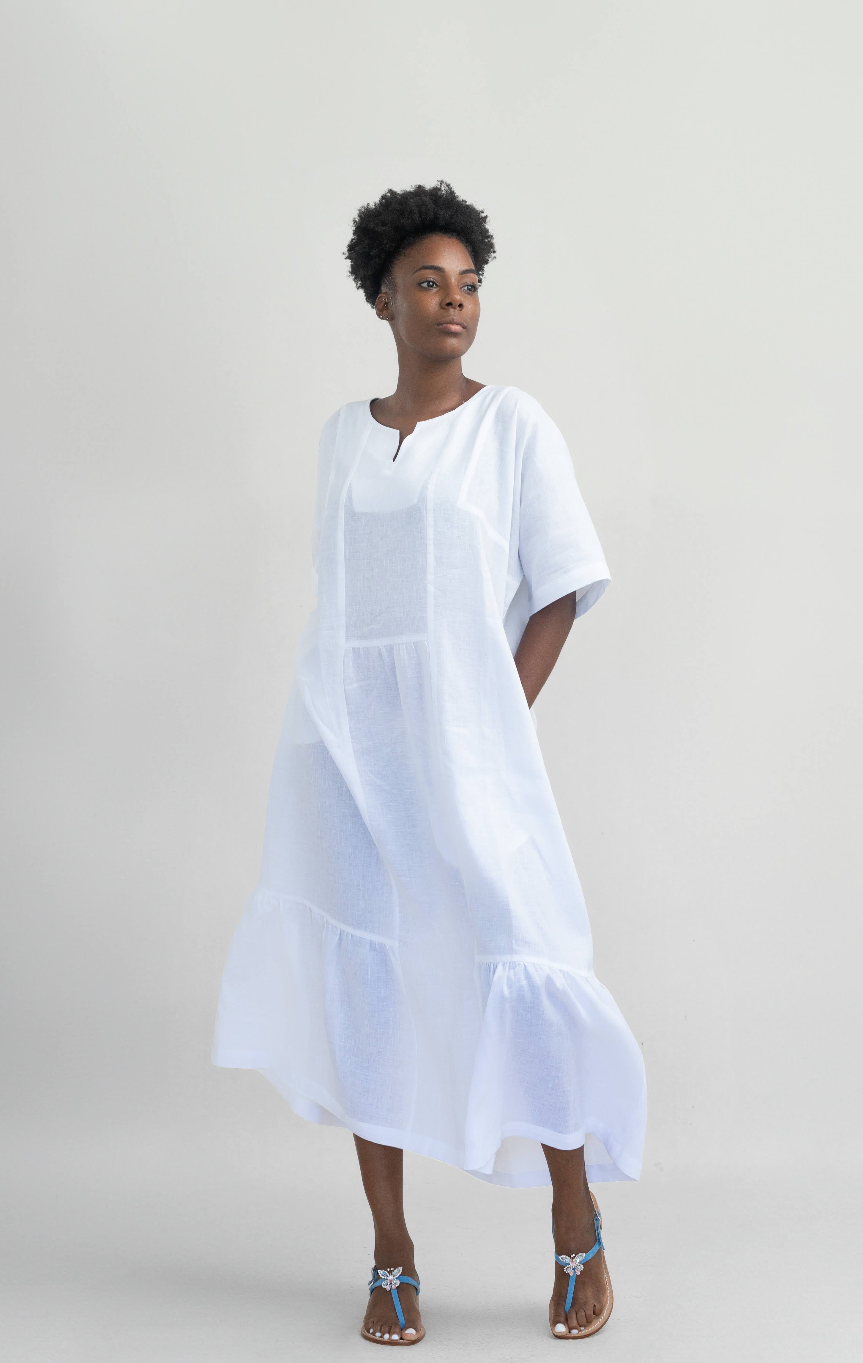 knee length dresses for ladies White Linen Kaftan Dress - Kaftan Maxi Dress, Long Sleeves & Pockets