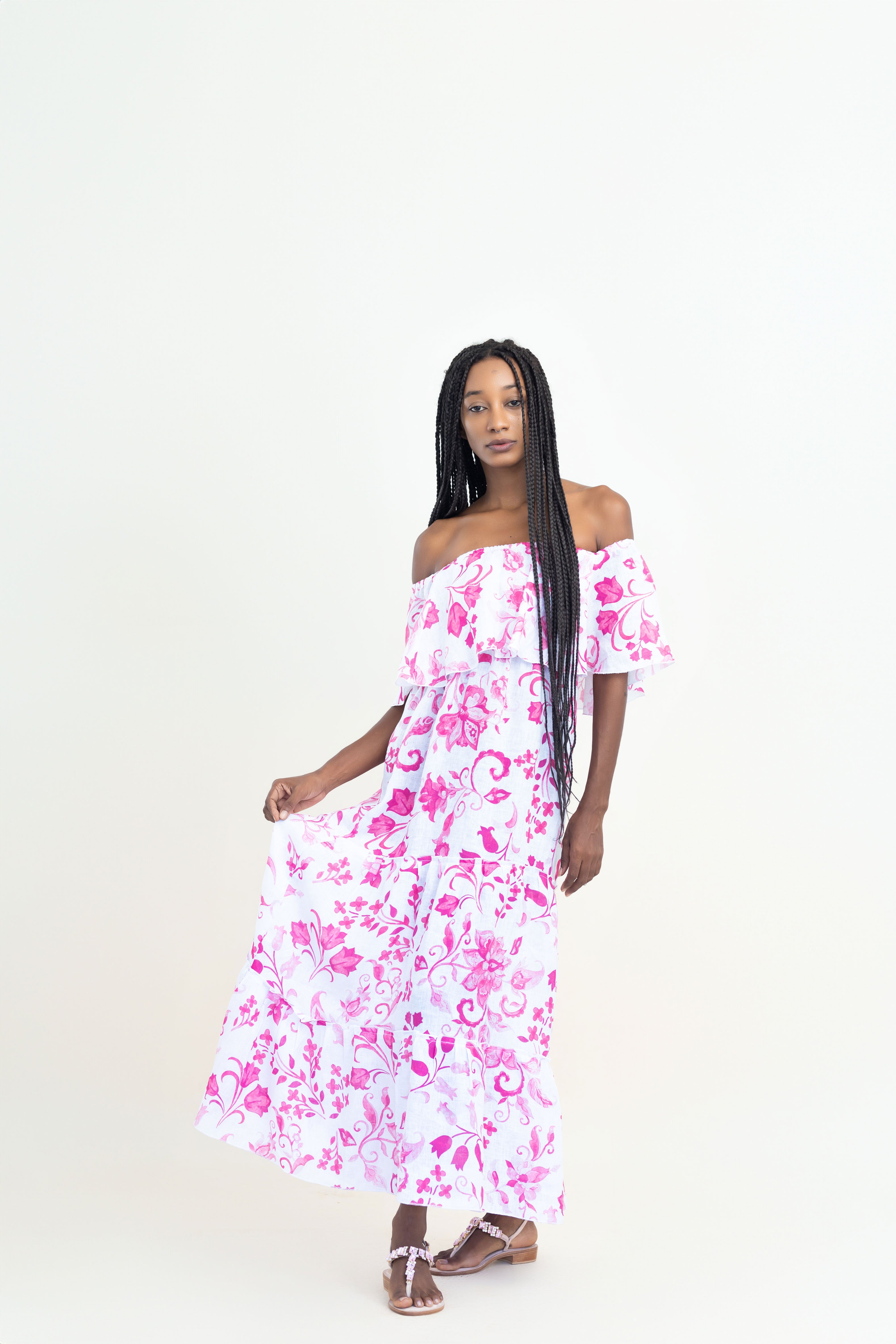 ROSSELLA VOLANT LONG LINEN DRESS – Mediterraneo Boutique Italiana