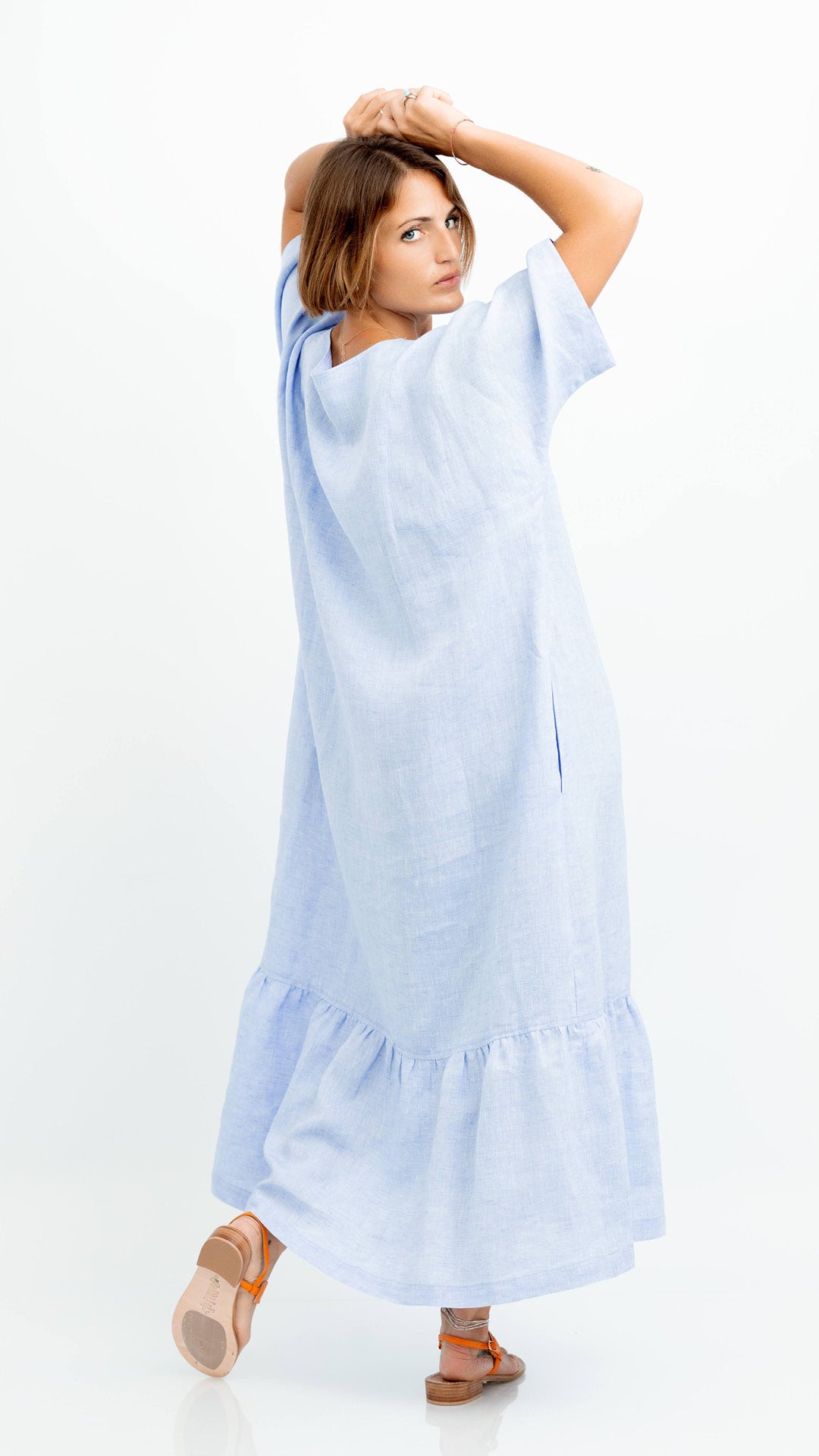 chinese dress ladies Midi Length Linen Wrap Dress, XL / Gray