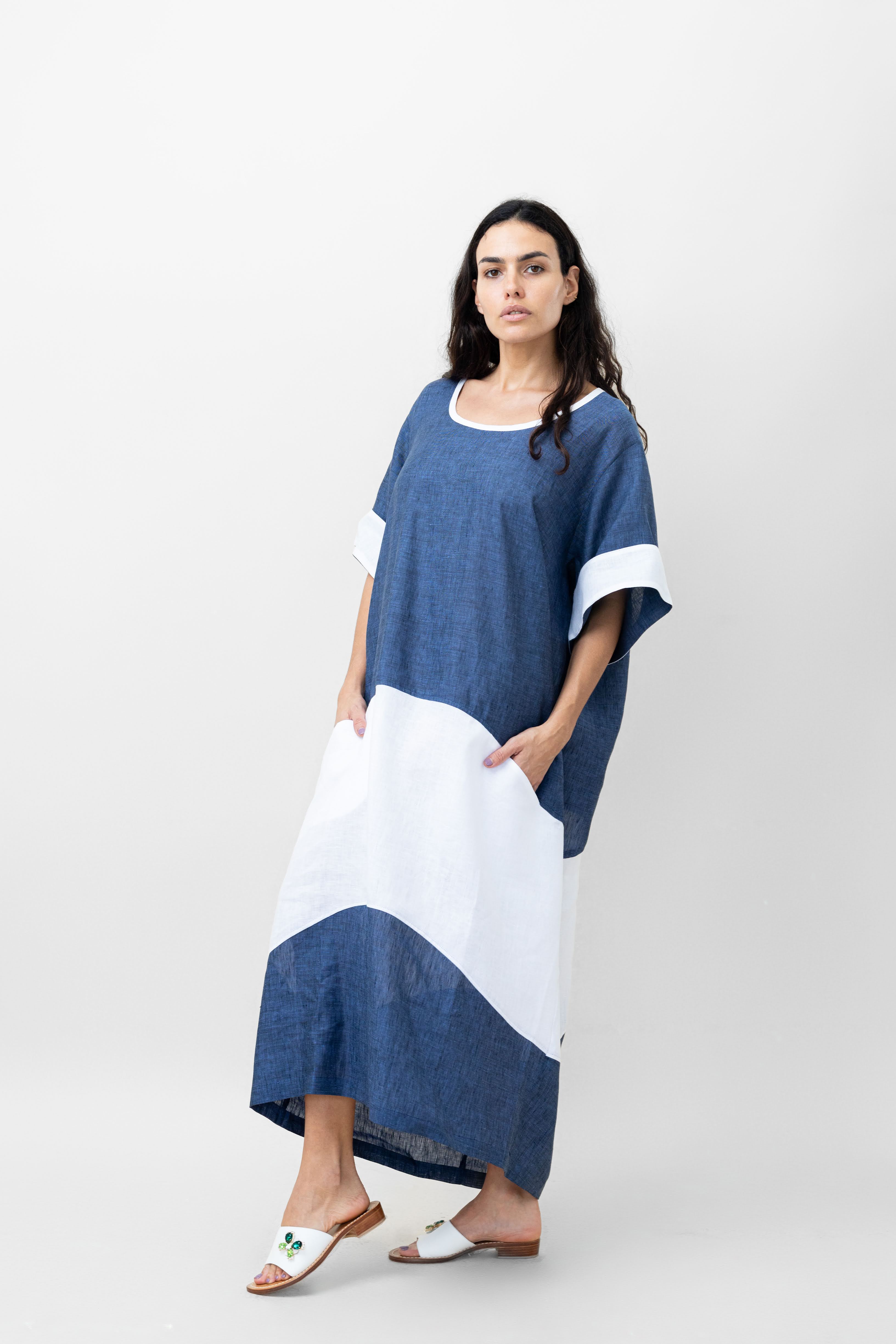 GERMANA TURN-UP SLEEVE LINEN DRESS